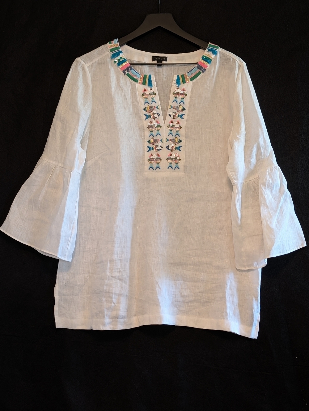 Talbots Fish Embellished Linen Tunic White Flounce Sleeve Top Large Summer Airy